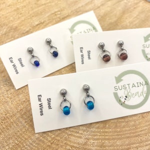 Waterproof Upcycled Aqua Blue Glass Bead Stud Earrings, Stainless Steel Teeny Tiny Turquoise Dangly Dainty Drop Studs, Handmade Sustainable