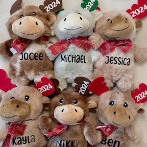 May include: Six brown and gray plush reindeer with red and white plaid scarves. Each reindeer has a personalized name tag and a 2024 tag on their antlers. The names are:  Jacee, Michael, Jessica, Kayla, Nikki, and Ben.