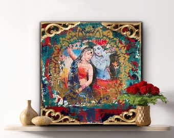 Krishna art - Radha Krishna art - mixed media - radha krishna collage - hindu art - housewarming gift -mandir - meditation