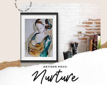 Può includere: Un dipinto di una donna che tiene un bambino in uno sling. La donna indossa una camicia turchese e il bambino indossa uno sling giallo. Il dipinto è intitolato "Nurture" e ha il testo "Non mi sono persa nella maternità, mi sono ritrovata!"