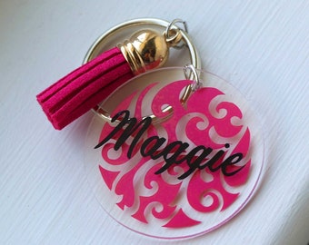 Personalized keychain, Tassel Keychain, Monogrammed Keys, Circle Embellishment, Custom keychain, Senior Gift, Custom Key ring, Key Fob