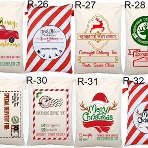 May include: Ten different designs of red and white striped Christmas gift bags. The bags are made of canvas and have various Christmas-themed designs, including a truck, reindeer, and Santa Claus.