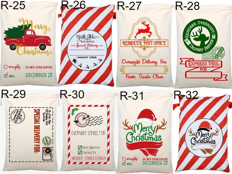 May include: Ten different designs of red and white striped Christmas gift bags. The bags are made of canvas and have various Christmas-themed designs, including a truck, reindeer, and Santa Claus.