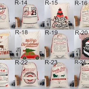 May include: Set of 10 Christmas gift bags with various designs. The bags are made of natural canvas fabric and feature festive Christmas themes, including reindeer, Santa Claus, and Christmas trees. Each bag has a drawstring closure and is ready for gift-giving.