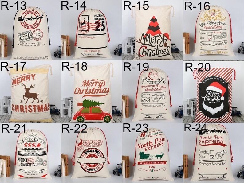 May include: Set of 10 Christmas gift bags with various designs. The bags are made of natural canvas fabric and feature festive Christmas themes, including reindeer, Santa Claus, and Christmas trees. Each bag has a drawstring closure and is ready for gift-giving.