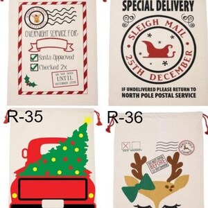May include: Four different Christmas gift bags with various designs. The first bag has a red and white striped border with the text "OVERNIGHT SERVICE FOR: Santa approved Checked 2x DO NOT OPEN UNTIL DECEMBER 25TH". The second bag has a black and white design with the text "SPECIAL DELIVERY SLEIGH MAIL 25TH DECEMBER IF UNDELIVERED PLEASE RETURN TO NORTH POLE POSTAL SERVICE". The third bag has a red truck with a green Christmas tree in the back. The fourth bag has a reindeer with a green bow and the text "DO NOT OPEN BEFORE 25 DECEMBER".