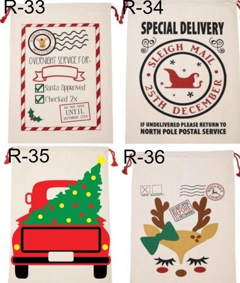May include: Four different Christmas gift bags with various designs. The first bag has a red and white striped border with the text "OVERNIGHT SERVICE FOR: Santa approved Checked 2x DO NOT OPEN UNTIL DECEMBER 25TH". The second bag has a black and white design with the text "SPECIAL DELIVERY SLEIGH MAIL 25TH DECEMBER IF UNDELIVERED PLEASE RETURN TO NORTH POLE POSTAL SERVICE". The third bag has a red truck with a green Christmas tree in the back. The fourth bag has a reindeer with a green bow and the text "DO NOT OPEN BEFORE 25 DECEMBER".