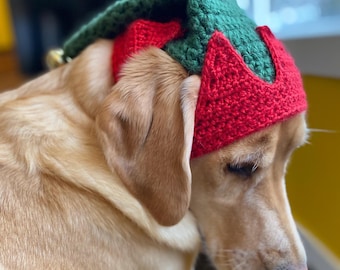 Puede incluir: Un Labrador Retriever dorado con un gorro de elfo de ganchillo hecho a mano. El gorro es verde con un borde rojo y una pequeña campana dorada. El pelaje del perro es de color marrón claro.