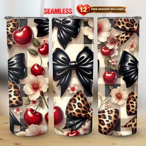 Leopard Bow Cherry Flower 20oz Straight Tumbler Seamless Wrap PNG | Instant Download