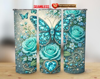 Gobelet droit d'emballage floral, papillon turquoise, 20 oz PNG, sublimation transparente de fleurs bohèmes coeur gemme | Téléchargement instantané