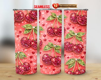 Emballage de verre droit 20 oz strass cerise design PNG sublimation transparente | Téléchargement instantané