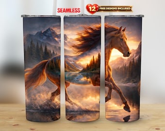 Emballage pour gobelet droit sans couture de cheval sauvage de 20 oz PNG pour sublimation extérieure | Téléchargement instantané