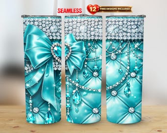 Turquoise Glitter Heart Gem Coquette Bow Diamond Quilt Glam Tumbler Design, PNG Digital Download 20 oz Skinny Straight Sublimation Wrap