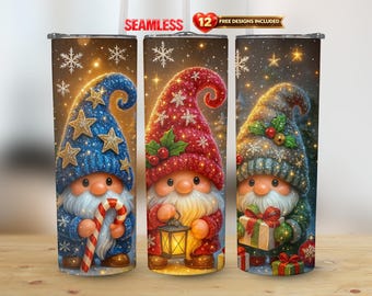 Gobelet droit d'hiver 20 oz avec gnomes mignons de Noël, design PNG, sublimation transparente | Téléchargement numérique instantané