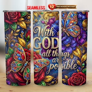 Christian Tumbler Seamless Wrap PNG | Jeweled Butterfly & Floral Design (Digital Download)
