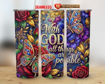 Christian Tumbler Seamless Wrap PNG | Jeweled Butterfly & Floral Design (Digital Download)