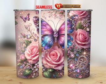 Gobelet d'emballage droit floral de 20 oz papillon, PNG, sublimation transparente de fleurs bohèmes | Téléchargement instantané