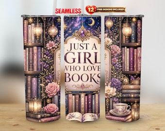 Book Lover Just A Girl Who Loves Books 20oz rechte beker Wrap PNG leesgrage ontwerp naadloze sublimatie | Digitale directe download