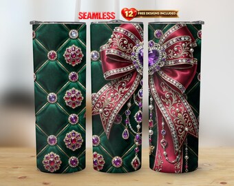 Groene luxe strik 20oz rechte beker wrap PNG elegant juweelontwerp naadloze sublimatie | Direct downloaden