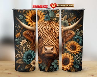 Rustieke Highland Cow zonnebloemen Boho Vintage Turquoise 20oz rechte Tumbler Wrap PNG-ontwerp naadloze sublimatie | Digitale directe download