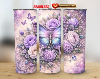 Vlinder bloemen 20oz rechte beker wrap png paarse bloemen naadloze sublimatie | Direct downloaden