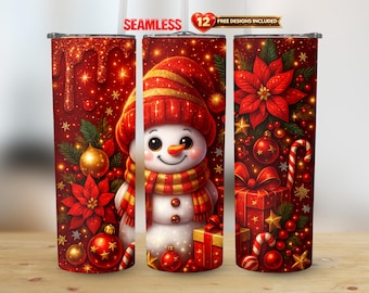 Bonhomme de neige en or rouge 20 oz gobelet droit Wrap poinsettia paillettes PNG Design sublimation transparente | Téléchargement numérique instantané