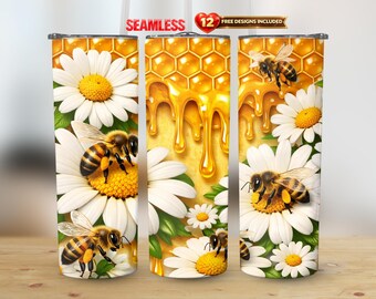 Gobelet droit en nid d'abeille floral, 20 oz d'emballage en PNG, sublimation transparente avec motif ruche | Téléchargement instantané