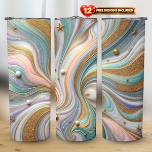 Envoltorio para vaso con remolinos de purpurina dorada, diseño de mármol pastel (PNG digital)