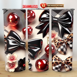 Leopard Bow Cherry 20oz Straight Tumbler Seamless Wrap PNG | Instant Download