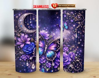 Gobelet droit à motif floral, lune, 20 oz, emballage en PNG, sublimation transparente | Téléchargement instantané