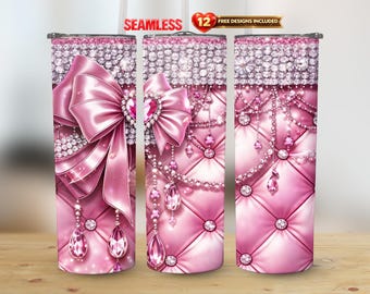 Roze glitter hart edelsteen coquette strik diamant quilt glamour ontwerp naadloze PNG digitale download 20oz magere rechte beker sublimatie wrap