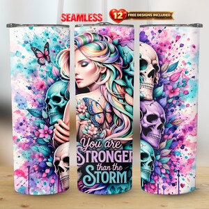 Stronger Than The Storm Girl 20oz Straight Tumbler Wrap PNG Design Seamless Sublimation Watercolor Positive Affirmations | Digital Download
