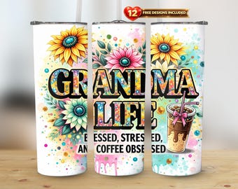 Grand-mère tournesol drôle 20 oz gobelet maigre sublimation design téléchargement numérique PNG instantané numérique uniquement, emballage de verre