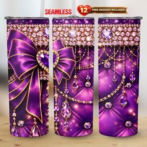 Purple Gold Glitter Heart Gem Coquette Bow Diamond Quilt Glam Tumbler Design, PNG Digital Download 20 oz Skinny Straight Sublimation Wrap