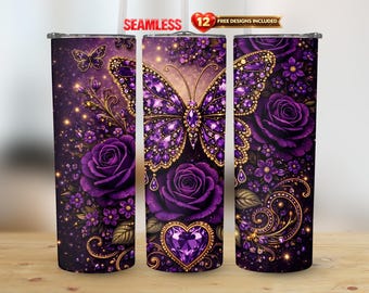 Paarse bling wrap 20oz rechte beker vlinder edelsteen bloemen png naadloze sublimatie | Direct downloaden