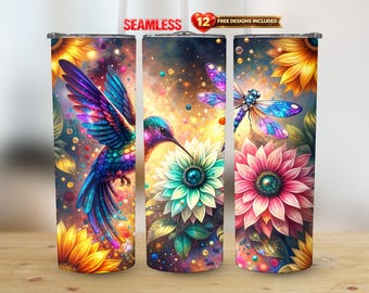 Fantaisie florale irisée colibris arc-en-ciel papillons tournesol céleste 20 oz verre droit Wrap PNG Design sublimation sans couture