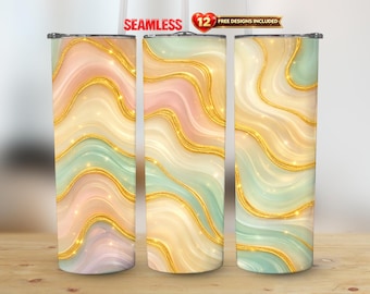 Gobelet droit 20 oz à paillettes dorées marbrées, design PNG, sublimation transparente aux couleurs pastel | Téléchargement numérique instantané