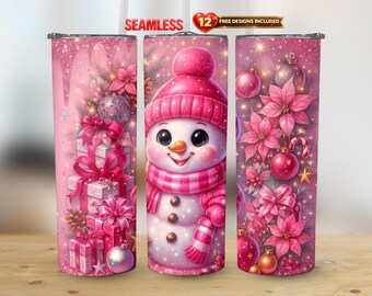 Bonhomme de neige rose paillettes de Noël 20 oz droit, emballage PNG, sublimation transparente | Téléchargement numérique instantané