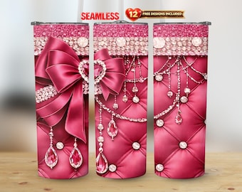 Frambuesa brillante corazón gema coqueta lazo diamante diseño glamuroso PNG sin costuras descarga digital vaso recto delgado de 20 oz envoltura de sublimación