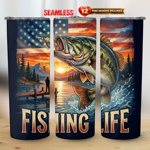 Bass Fishing Patriotic 20oz Straight Tumbler Wrap PNG Design Seamless Sublimation | Instant Download