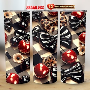 Cherry Bow Leopard 20oz Straight Tumbler Seamless Wrap PNG | Instant Download