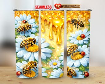 Bijenhoningraat bloemen 20oz rechte beker wrap PNG-ontwerp bijenkorf cadeau naadloze sublimatie | Direct downloaden