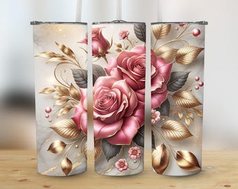 Bekerontwerp roze roos, bladgoud, marmer, png (digitale download)