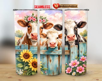 Koe 20oz rechte beker wrap png aquarel boerderij koeien zonnebloemen naadloze sublimatie | Direct downloaden
