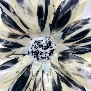 400-Black, white, and almond  8-inch fused glass garden stake flower, outdoor fused glass flower art