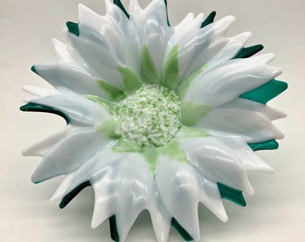 Teal and white fused glass garden stake flower, outdoor fused glass flower art