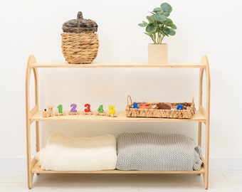 Almacenamiento de juguetes de madera Organizador de juguetes de madera, Estante de juguetes de madera, Estante de juguetes Montessori para sala de juegos, Almacenamiento de juguetes de muebles de guardería, Madera natural