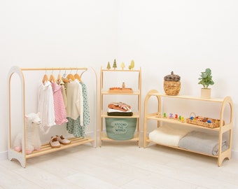 Muebles Montessori, conjunto de 3: almacenamiento de juguetes + estante de ropa para niños + estante de almacenamiento alto, guardería para niños pequeños, estante de juguetes, estante abierto, decoración de guardería