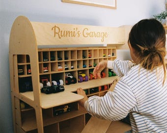Garaje de juguetes para niños de 3, 4 y 5 años, almacenamiento de coches de juguete, almacenamiento de coches de bebé, regalo de cumpleaños para niños pequeños, juguetes para niños pequeños, soporte de madera para coches de juguete.