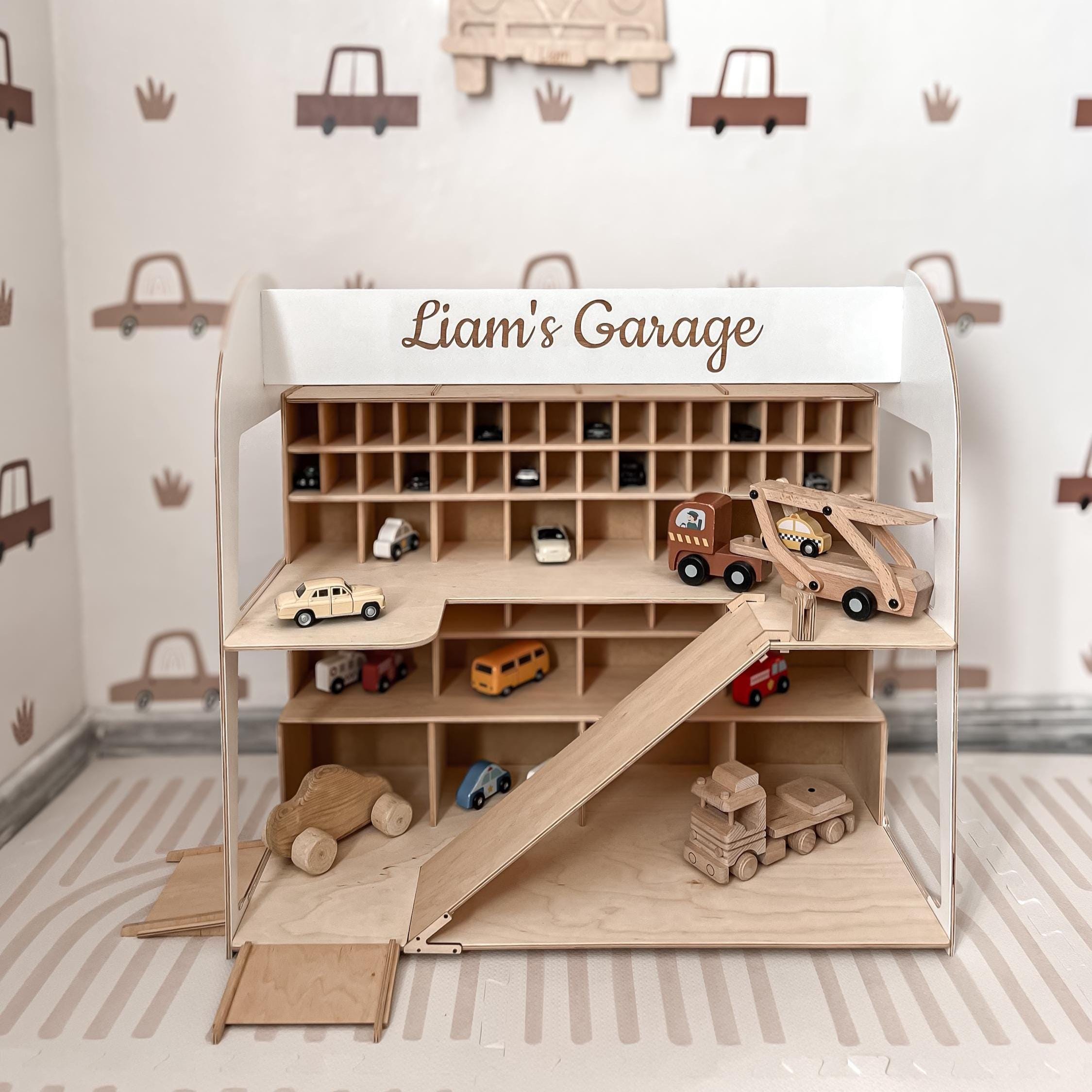 Handcrafted Wooden Toy Car Garage, Multi-level Parking Ramp